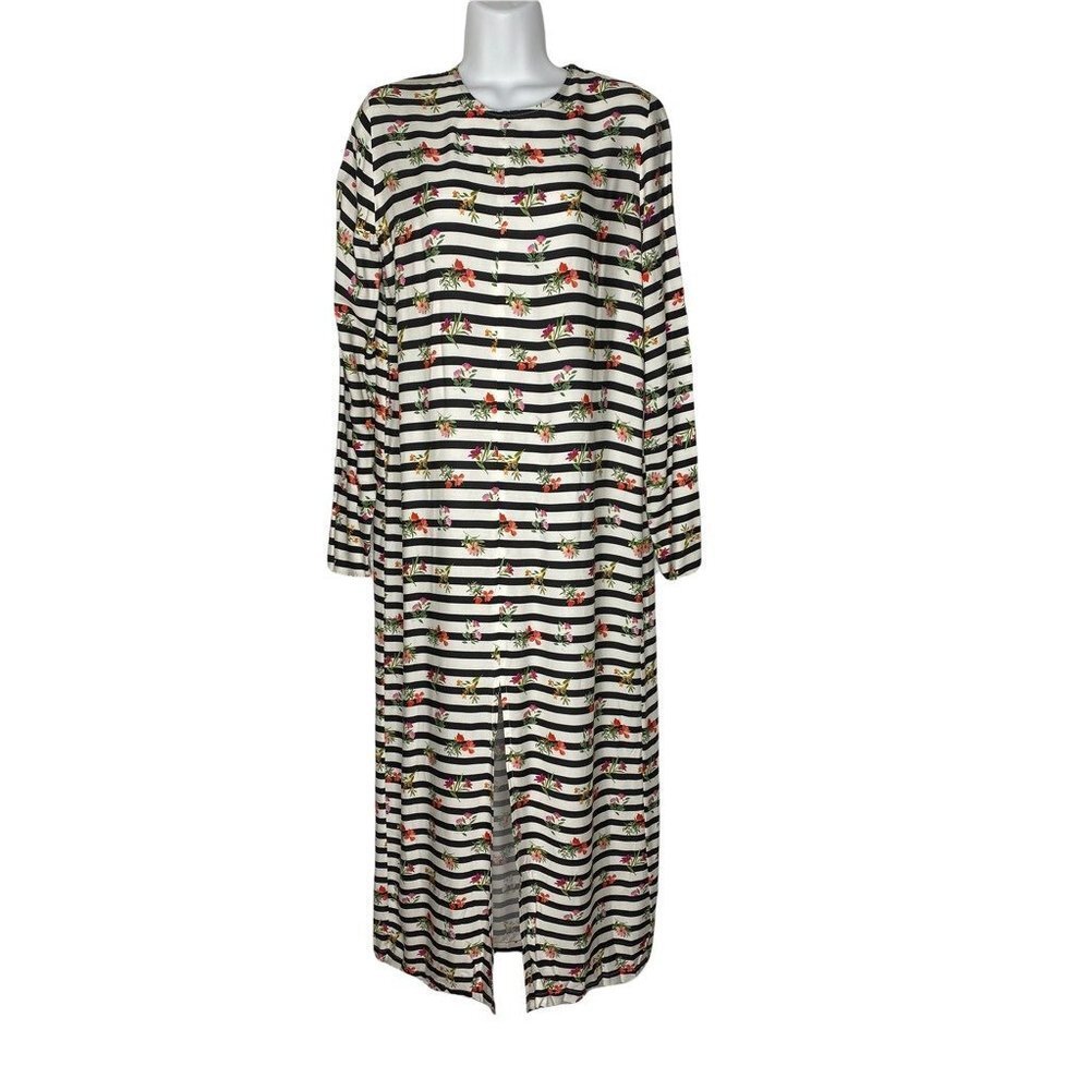 Roseanna Womens Shift Dress White Black Striped Floral Slit Jewel Neck 12/42 New